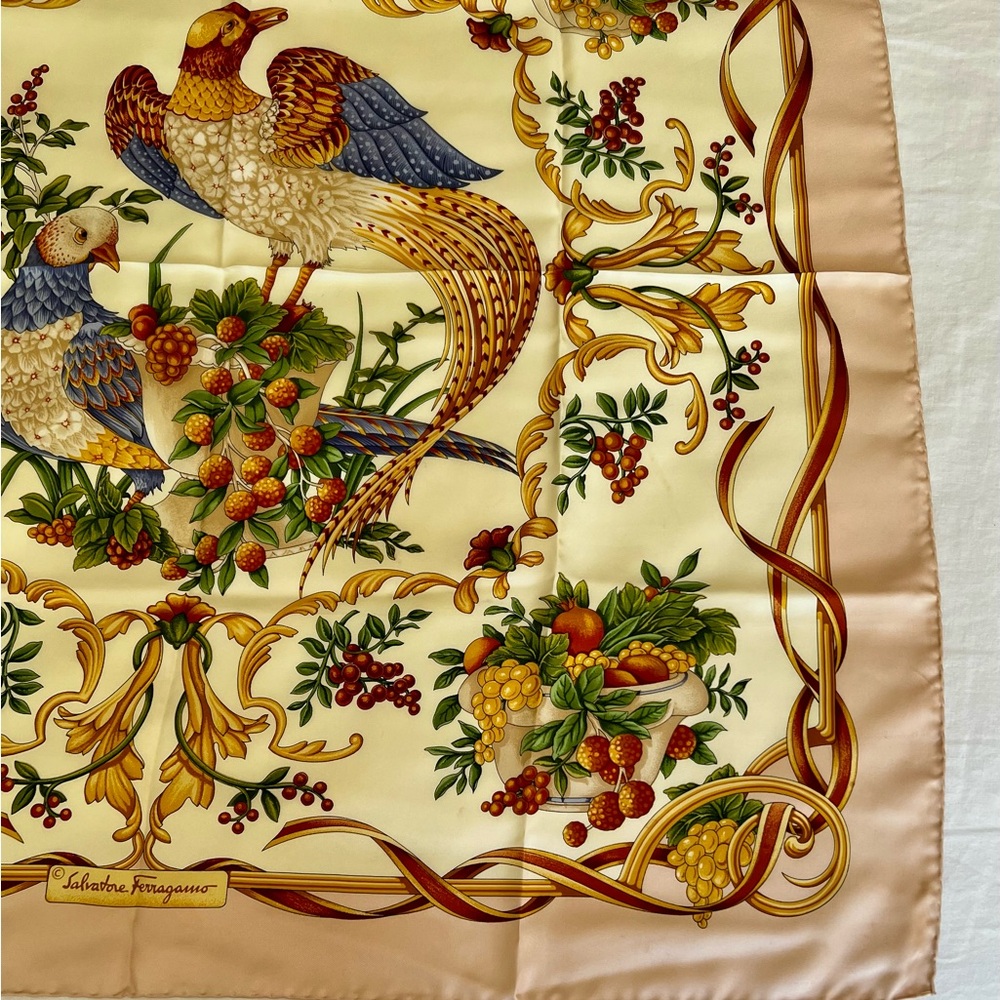 Salvatore Ferragamo Silk Scarf in Cream, Gold, Blue, Green, Brown - Picture 9 of 16